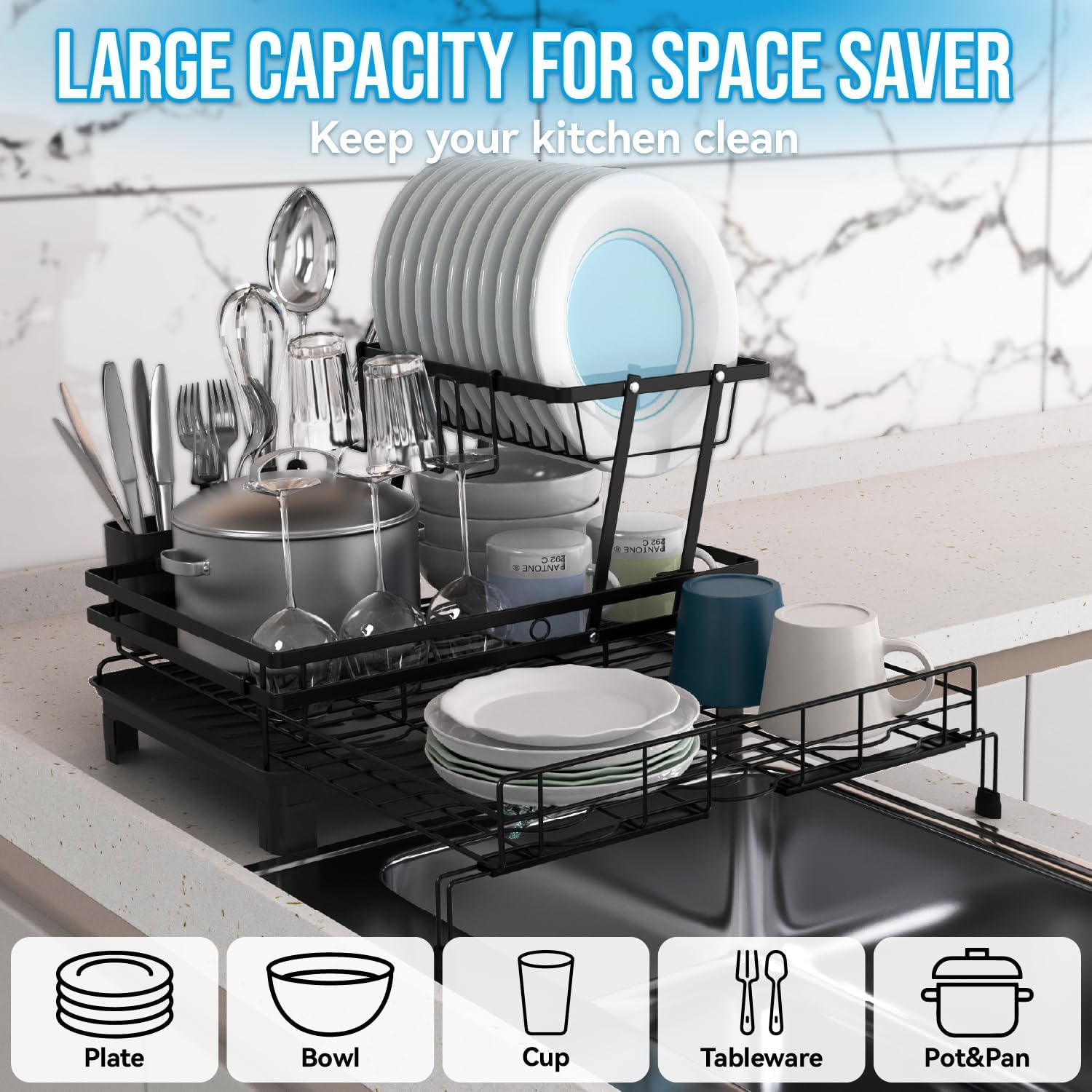 CARLA HOME 2-Tier Expandable Dish Drying Rack – Drainage Spout, 31-55cm