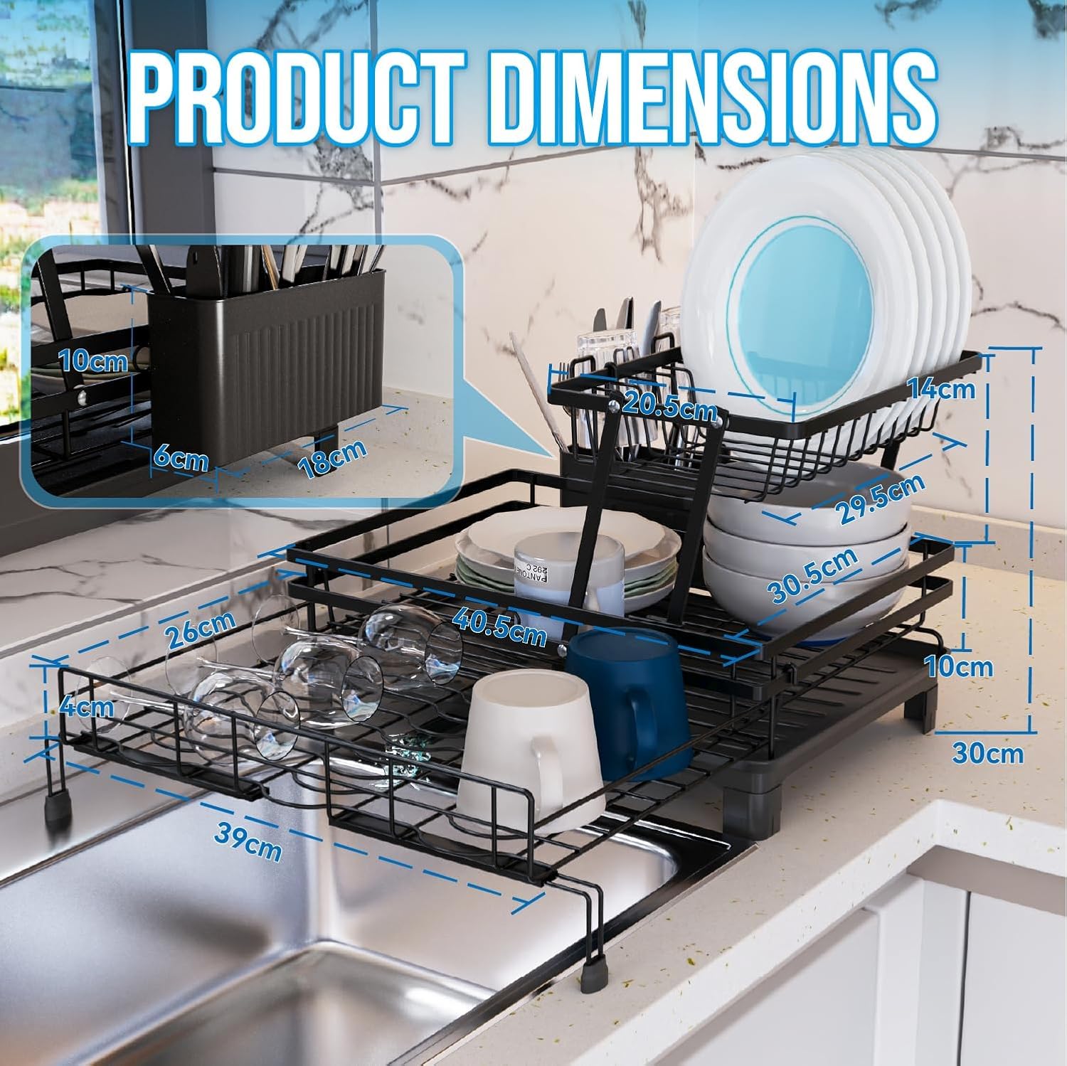 CARLA HOME 2-Tier Expandable Dish Drying Rack – Drainage Spout, 31-55cm