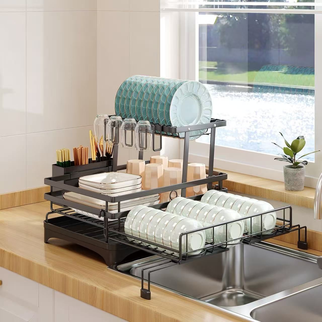 CARLA HOME 2-Tier Expandable Dish Drying Rack – Drainage Spout, 31-55cm