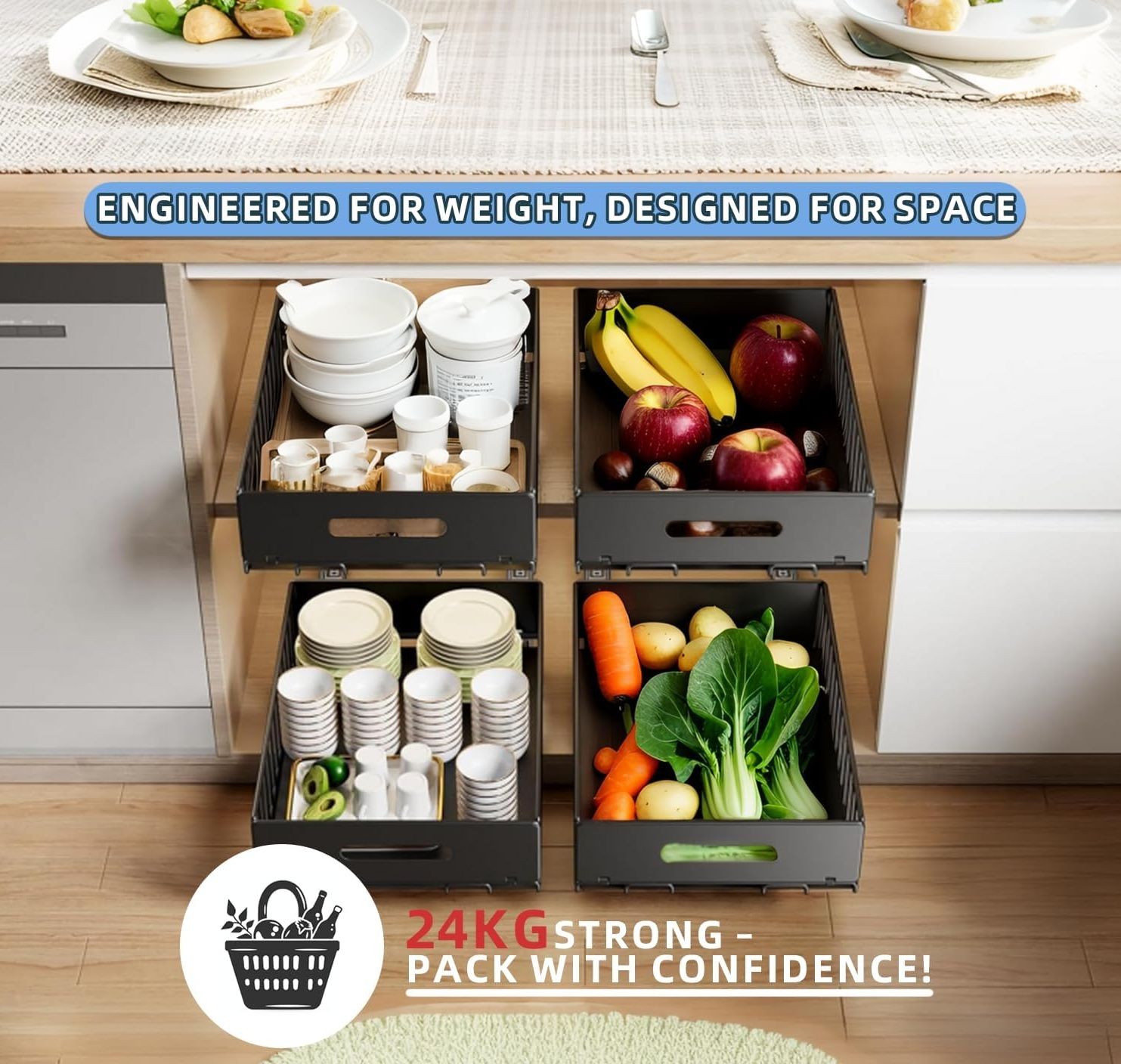 CARLA HOME Pullout Cabinet Organiser Drawers – 2 Pack Adhesive Mount