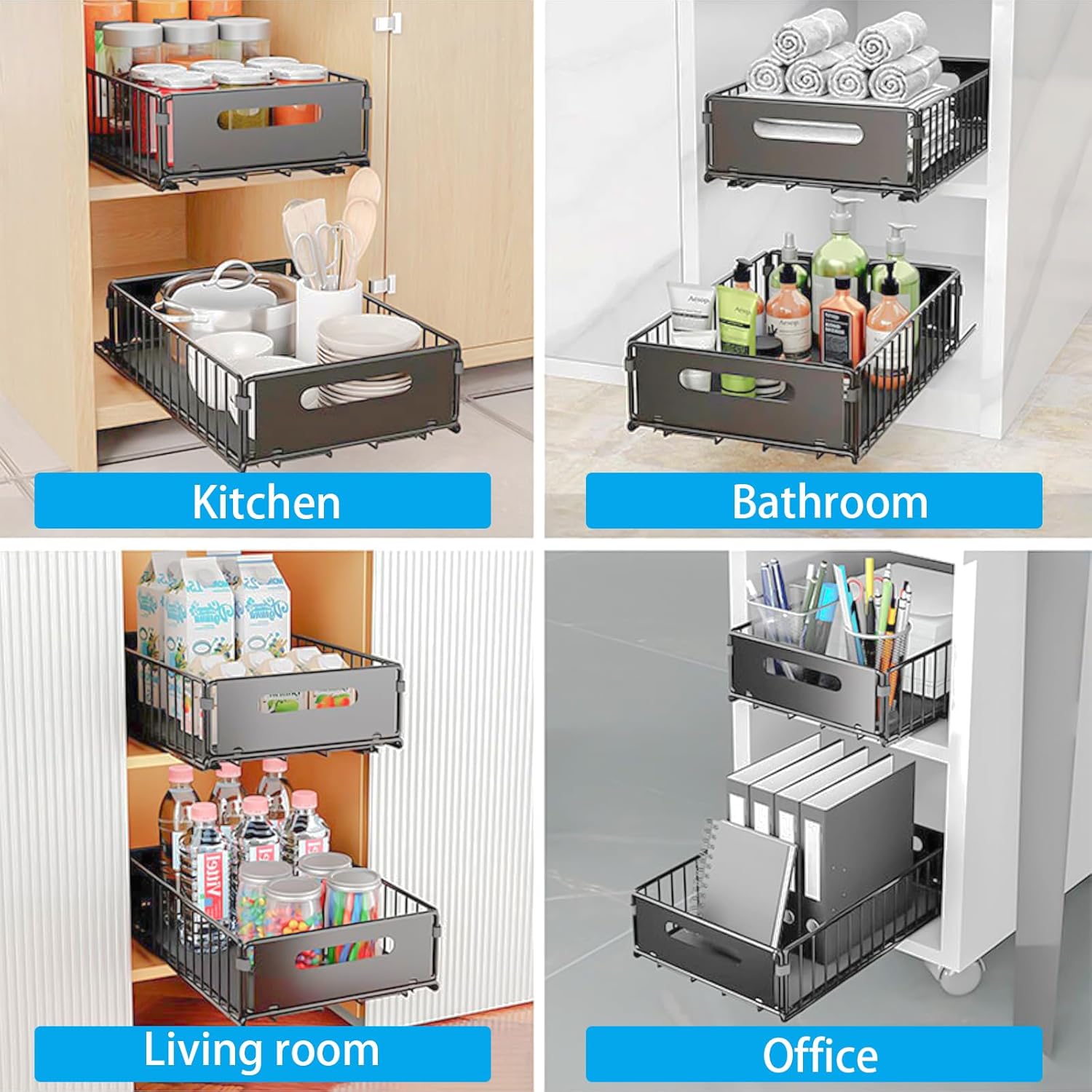CARLA HOME Pullout Cabinet Organiser Drawers – 2 Pack Adhesive Mount