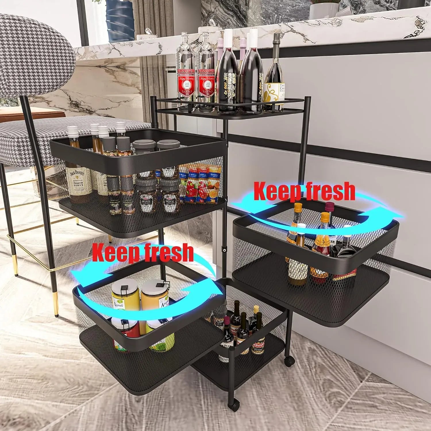 CARLA HOME 5-Tier Rolling Fruit & Vegetable Basket Cart – Lockable Wheels