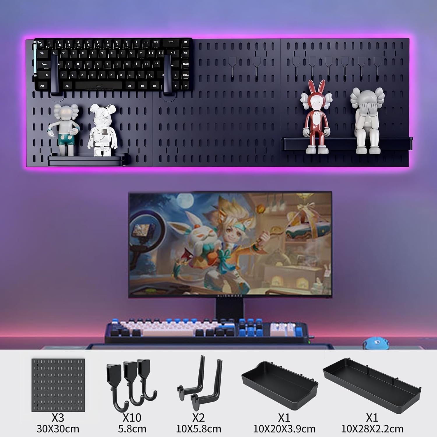 CARLA HOME Pegboard Wall Organiser Kit with 17 Accessories - 3 Black Panels