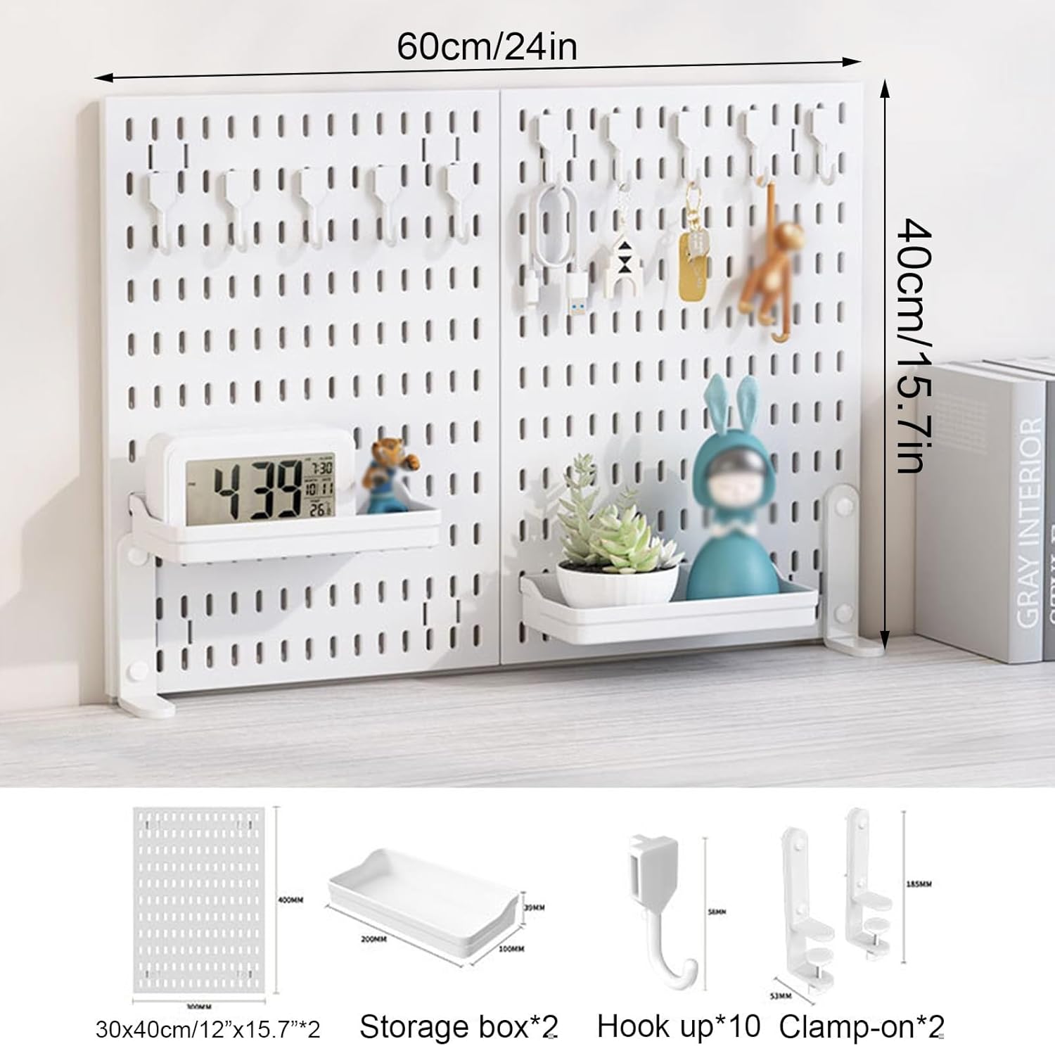 CARLA HOME Desk Pegboard Organiser Kit – White 2 Pack with Hooks & Tray