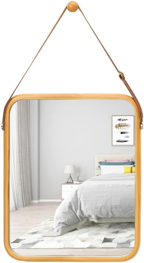 CARLA HOME Hanging Wall Mirror – Bamboo Frame 40 x 33cm with Adjustable Strap