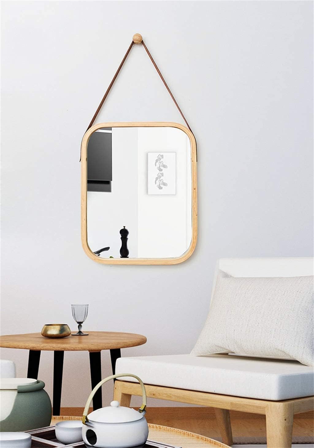 CARLA HOME Hanging Wall Mirror – Bamboo Frame 40 x 33cm with Adjustable Strap