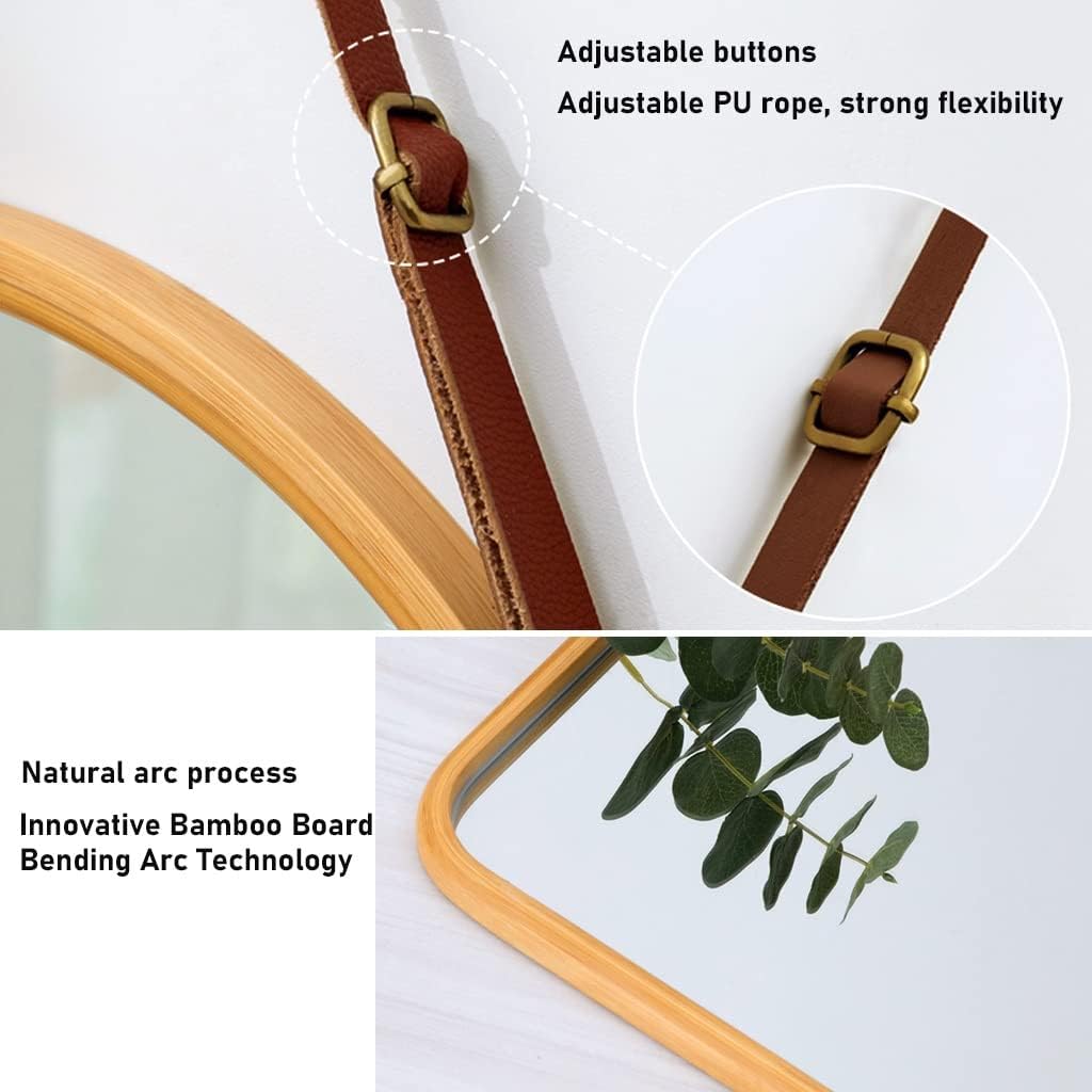 CARLA HOME Hanging Wall Mirror – Bamboo Frame 40 x 33cm with Adjustable Strap