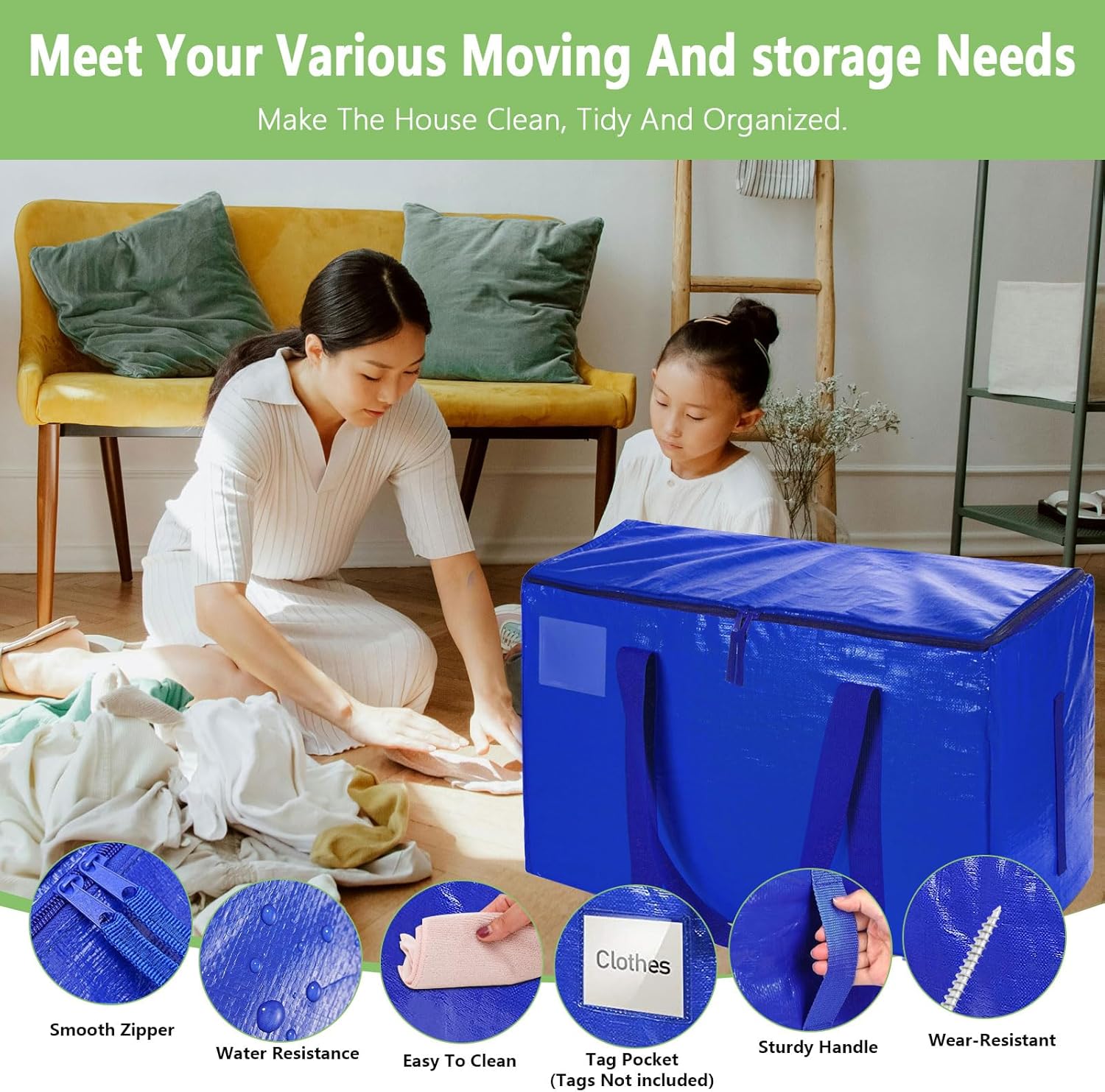 CARLA HOME Large Moving Storage Bags – Blue 6 Pack, 95L with Zippers & Handles