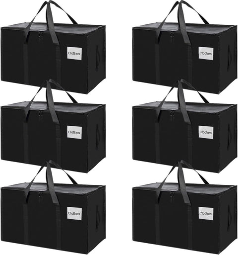 CARLA HOME Large Moving Storage Bags – Black 6 Pack, 95L with Zippers & Handles