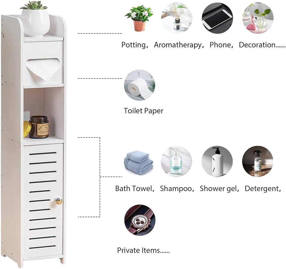 CARLA HOME Slim Bathroom Cabinet – Waterproof PVC with Toilet Paper Holder