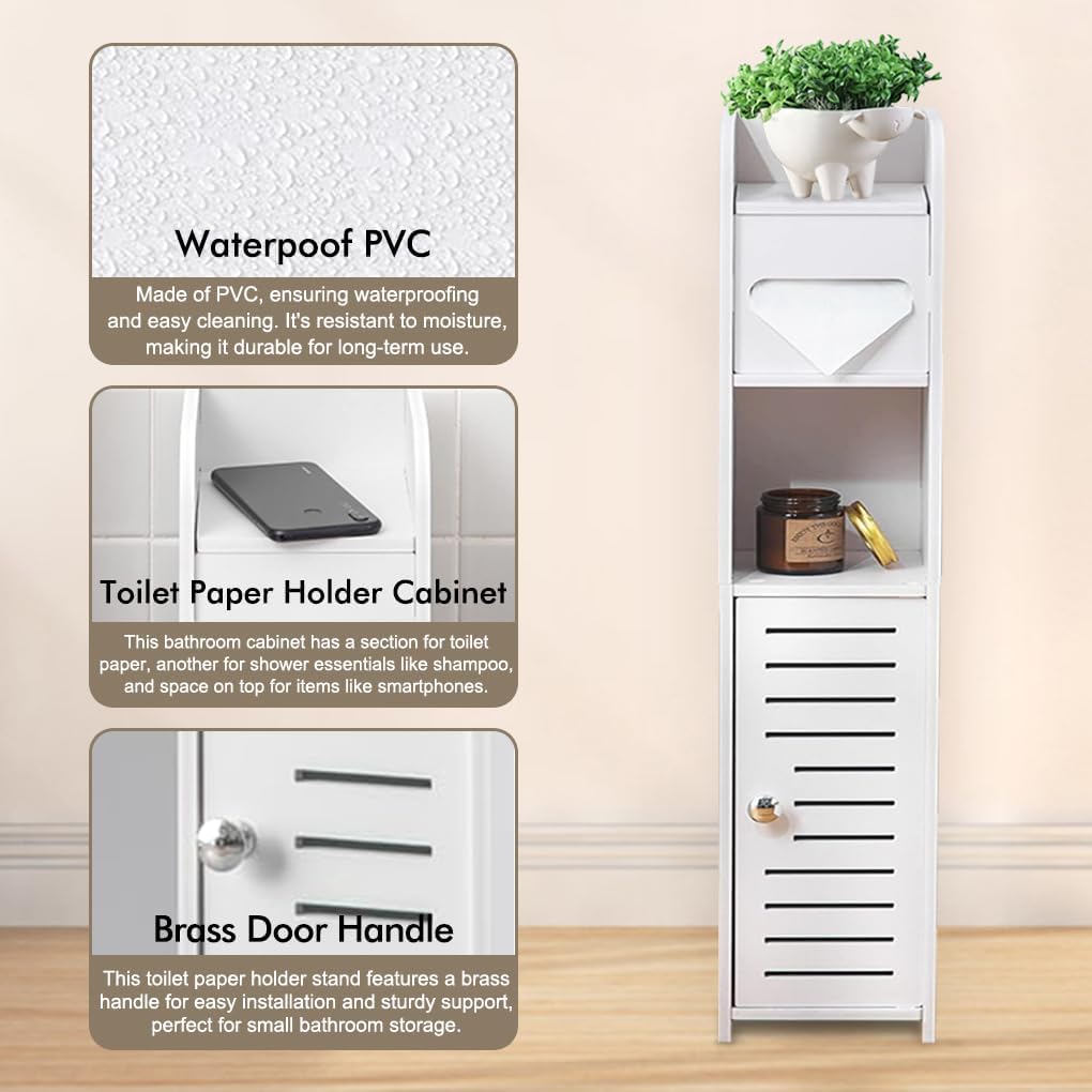 CARLA HOME Slim Bathroom Cabinet – Waterproof PVC with Toilet Paper Holder