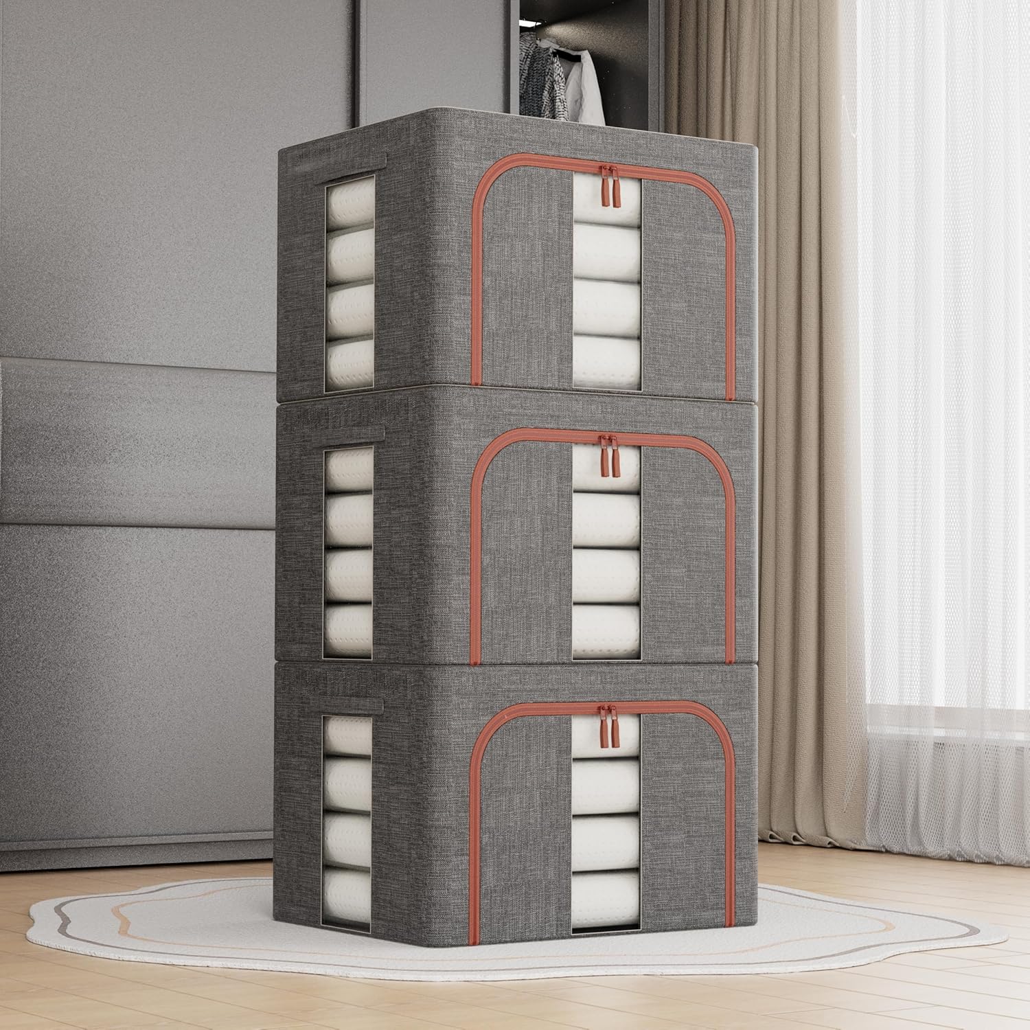 CARLA HOME Large Clothes Storage Bins – Grey 3 Pack, 66L with Lids