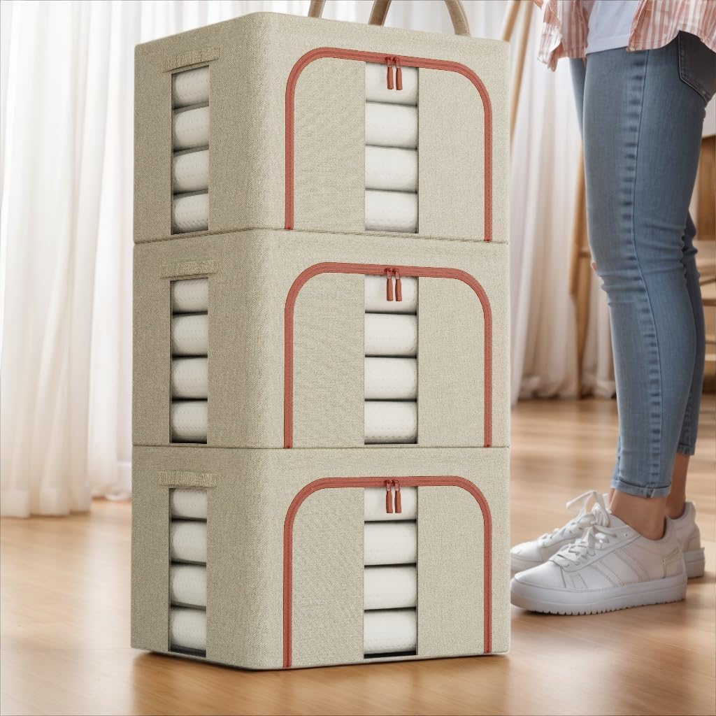 CARLA HOME Large Clothes Storage Bins – Beige 3 Pack, 66L with Lids