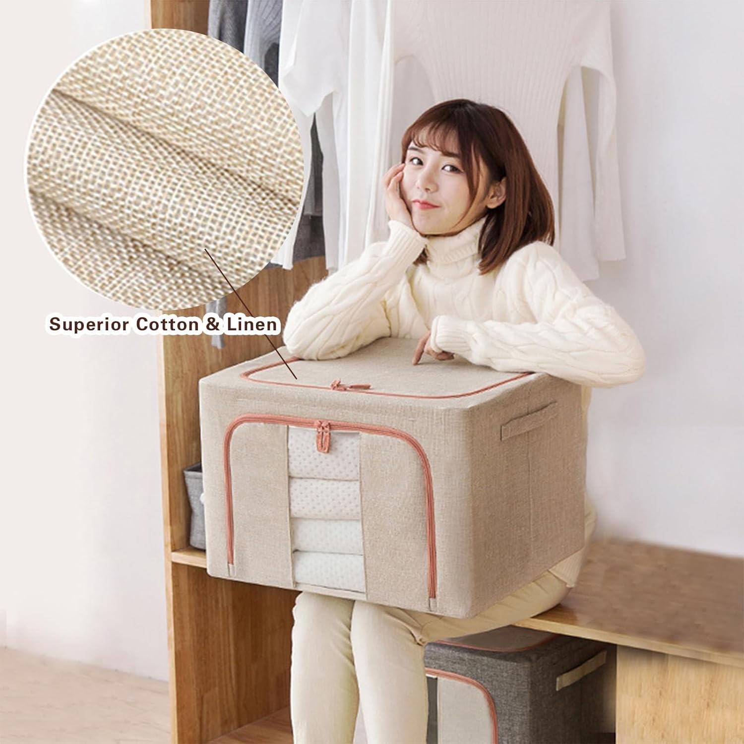 CARLA HOME Large Clothes Storage Bins – Beige 3 Pack, 66L with Lids