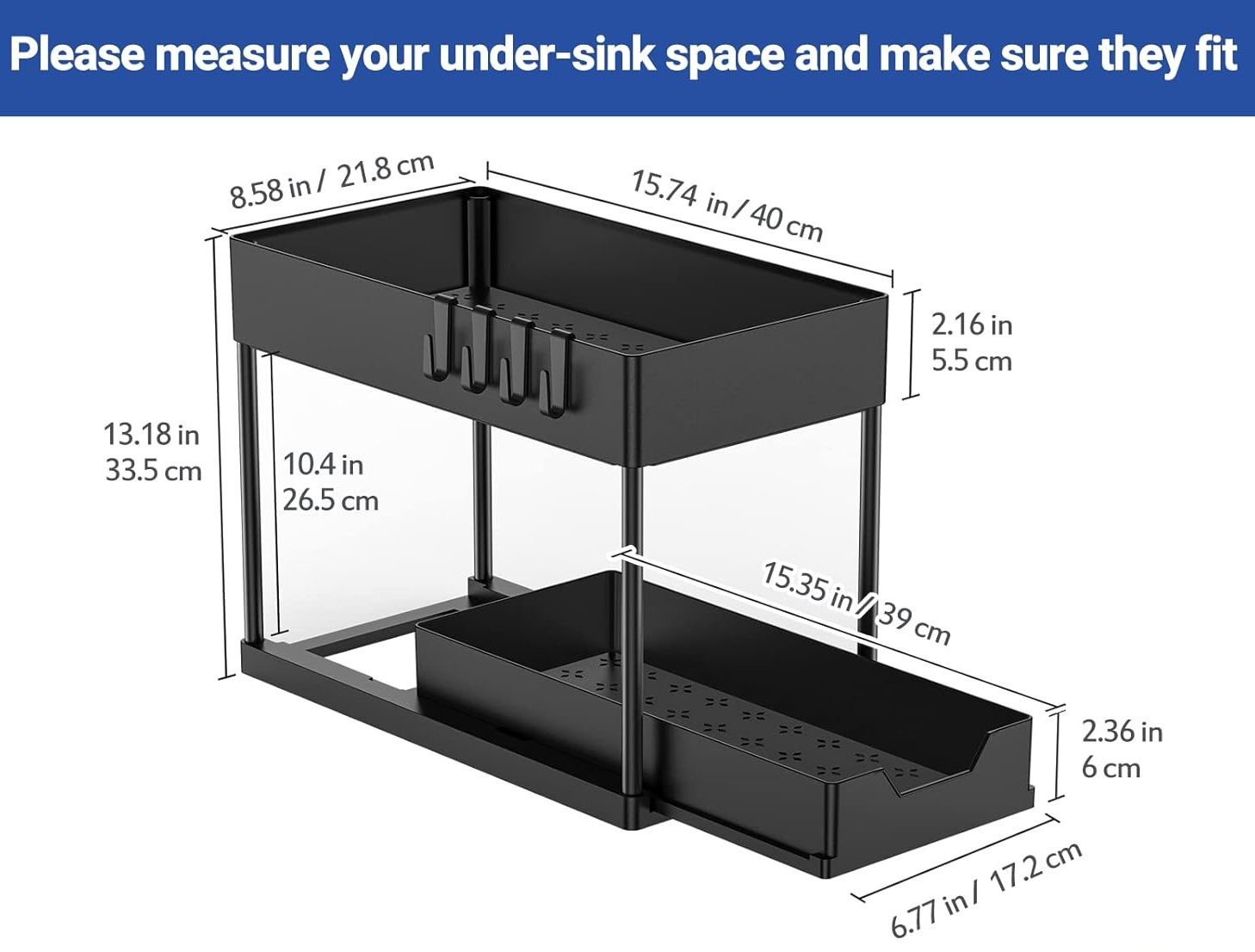 CARLA HOME 2-Pack Under Sink Organizer with Pull-Out Basket & Hooks