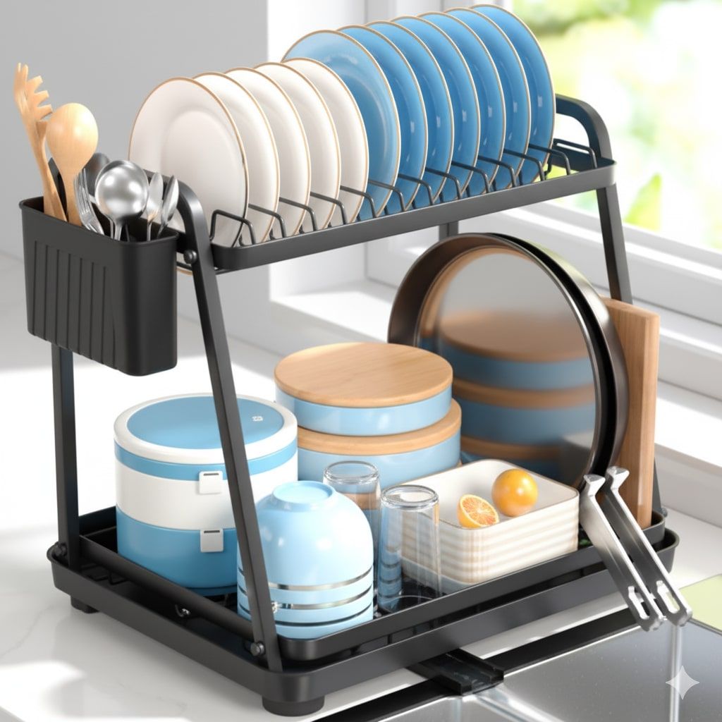 CARLA HOME 2-Tier Dish Drying Rack – Drainage Tray with Cup Hooks