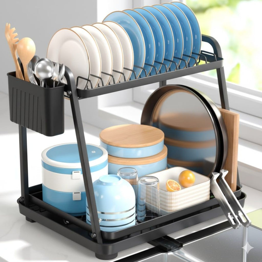 CARLA HOME 2-Tier Dish Drying Rack – Drainage Tray with Cup Hooks