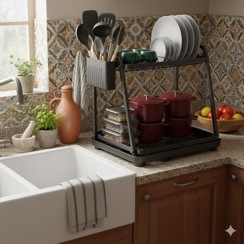 CARLA HOME 2-Tier Dish Drying Rack – Drainage Tray with Cup Hooks