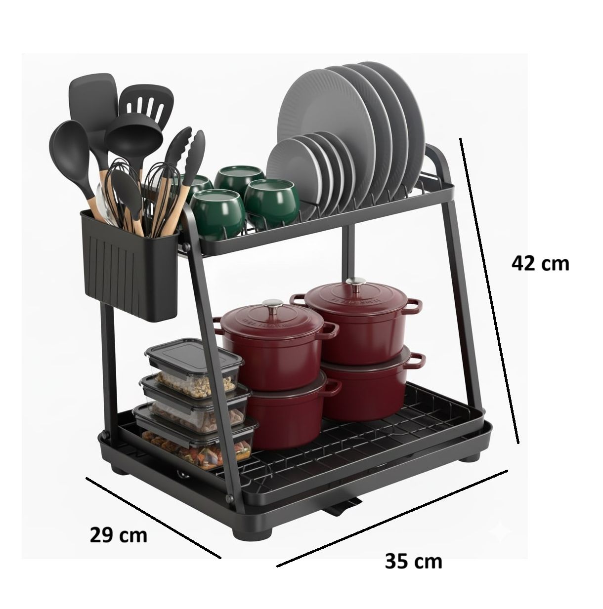 CARLA HOME 2-Tier Dish Drying Rack – Drainage Tray with Cup Hooks
