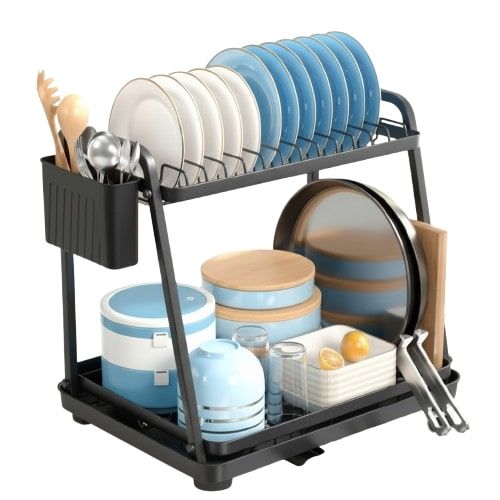CARLA HOME 2-Tier Dish Drying Rack – Drainage Tray with Cup Hooks