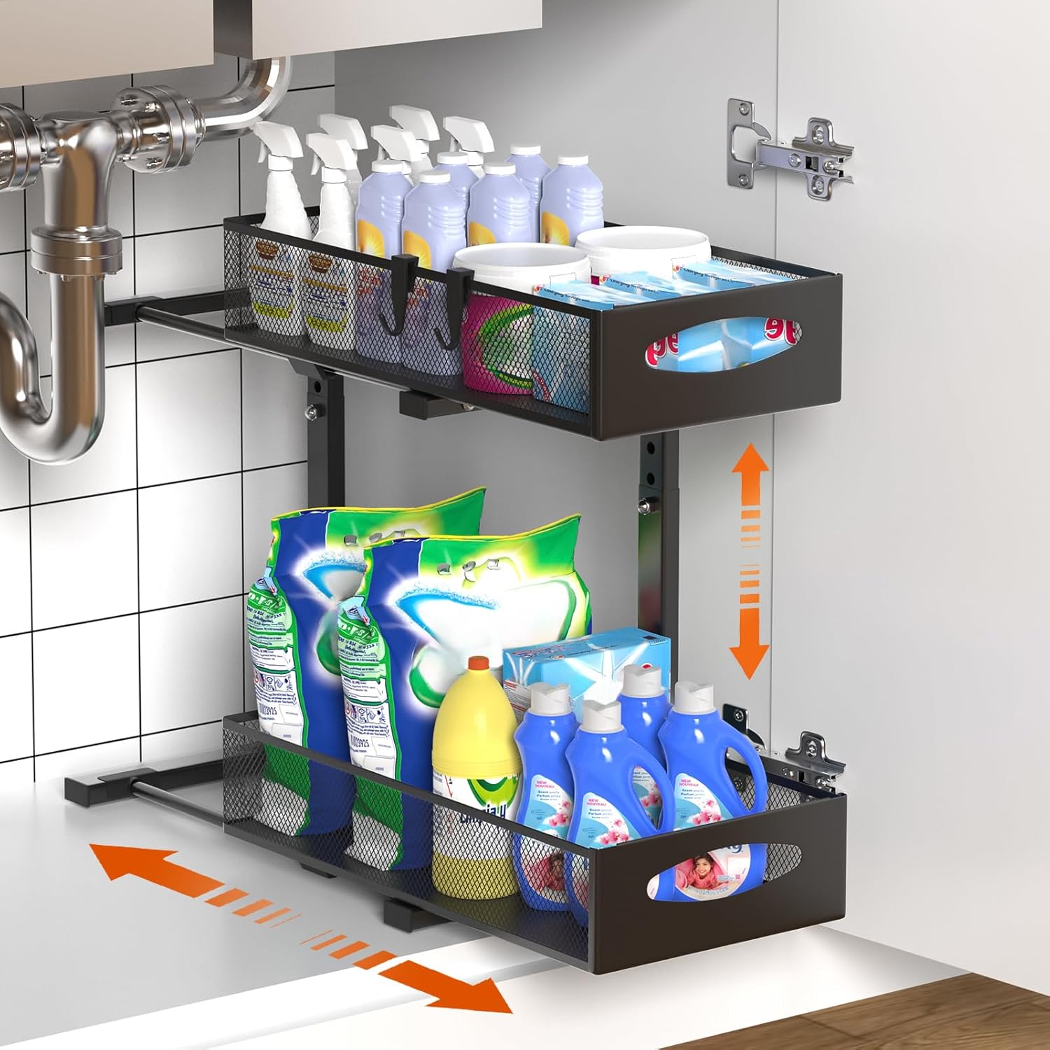 CARLA HOME Height-Adjustable L-Shape Under Sink Organizer with Pull-Out Baskets - Black, 1 Pack