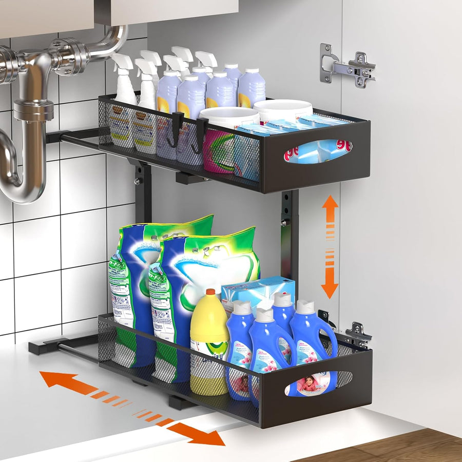 CARLA HOME Height-Adjustable L-Shape Under Sink Organizer with Pull-Out Baskets - Black, 1 Pack