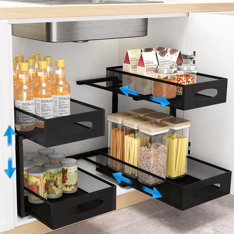 CARLA HOME Height-Adjustable L-Shape Under Sink Organizer with Pull-Out Baskets - Black, 2 Pack