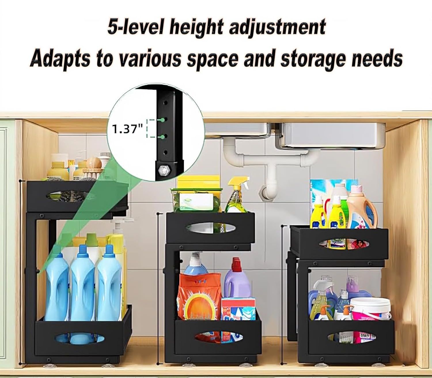 CARLA HOME Height-Adjustable L-Shape Under Sink Organizer with Pull-Out Baskets - Black, 2 Pack