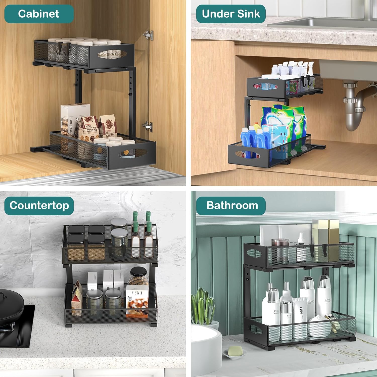 CARLA HOME Height-Adjustable L-Shape Under Sink Organizer with Pull-Out Baskets - Black, 2 Pack