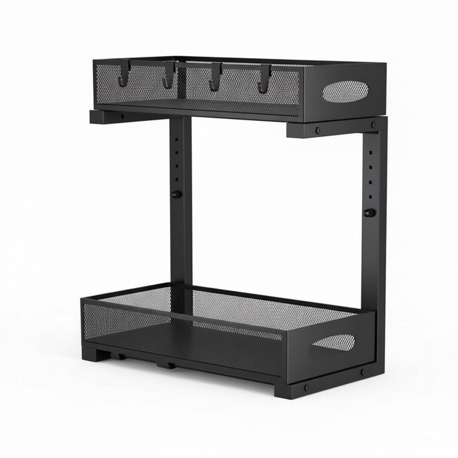 CARLA HOME Height-Adjustable L-Shape Under Sink Organizer with Pull-Out Baskets - Black, 2 Pack