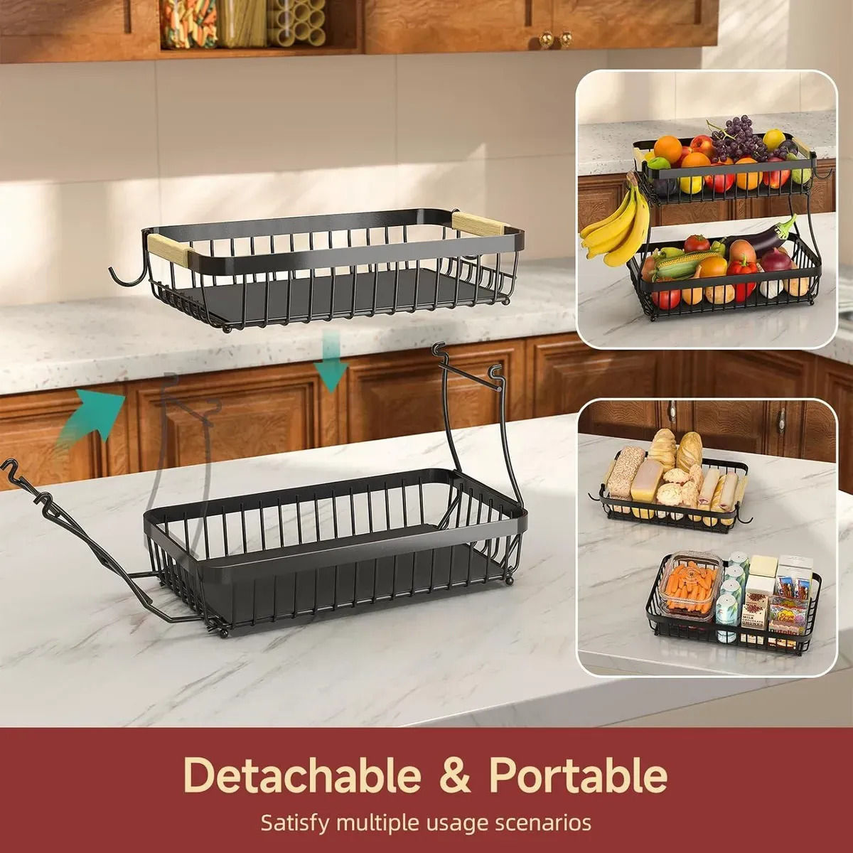 CARLA HOME 2-Tier Fruit Basket – Metal Bowls with Wooden Handles