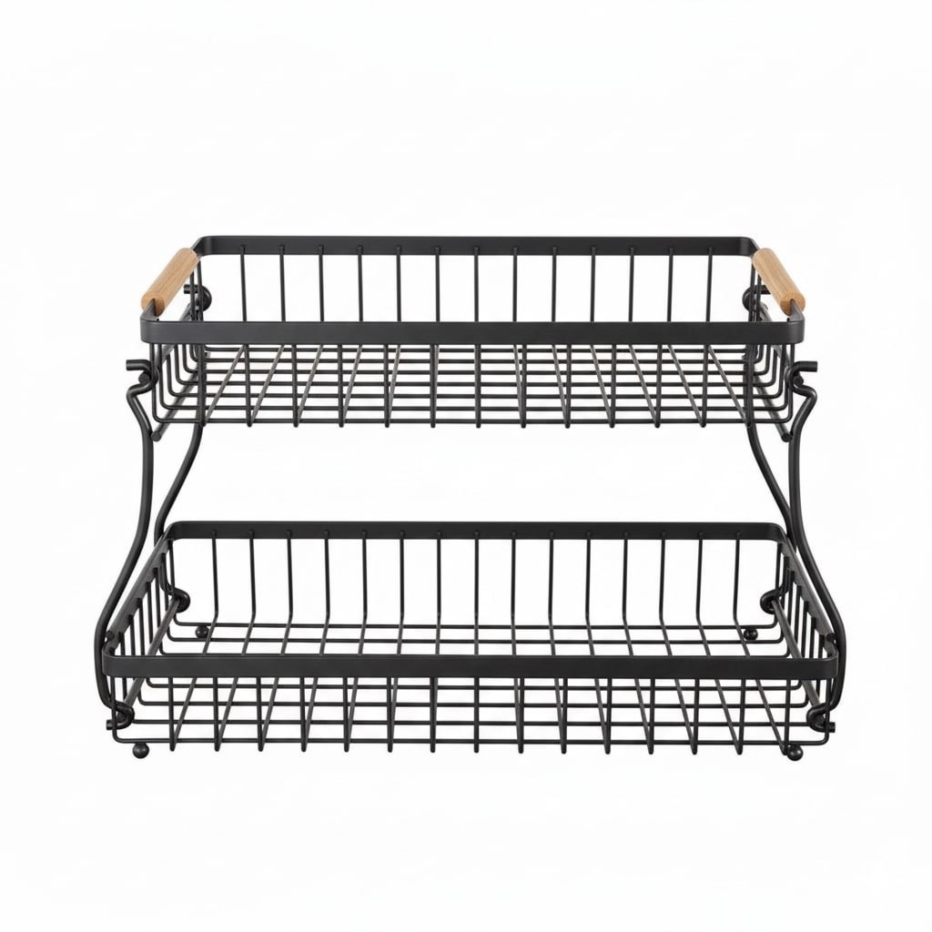 CARLA HOME 2-Tier Fruit Basket – Metal Bowls with Wooden Handles