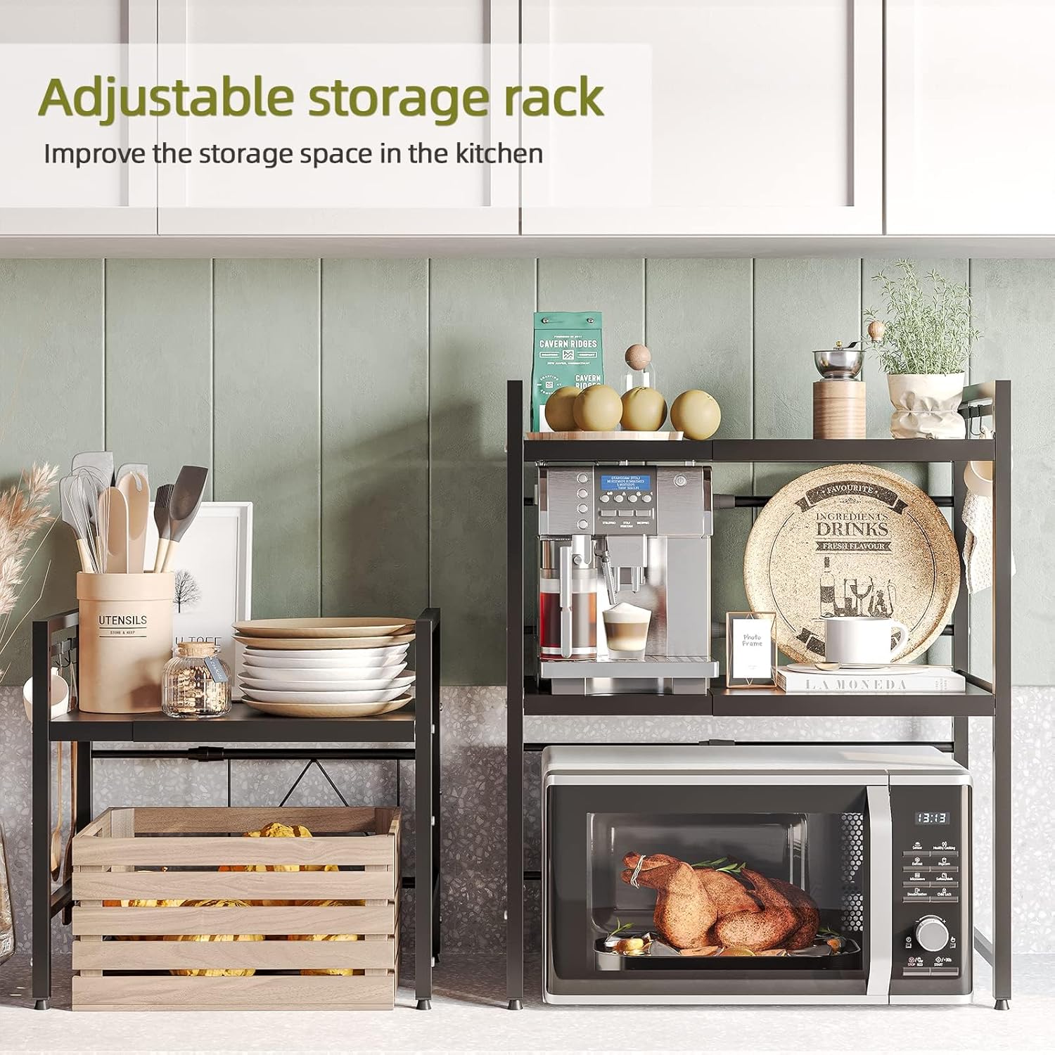 CARLA HOME Adjustable Microwave Oven Rack with 6 Hooks - 2 Tier Black