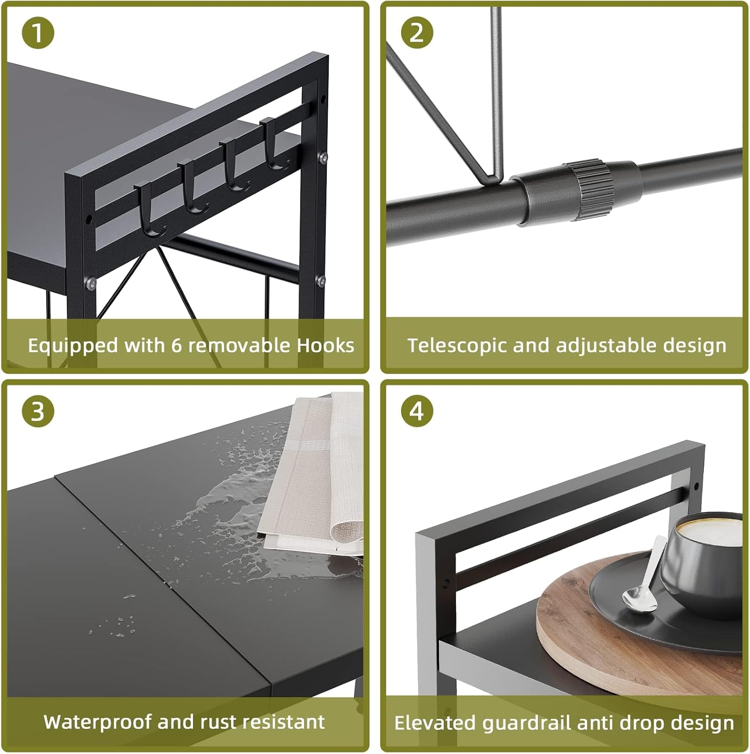 CARLA HOME Adjustable Microwave Oven Rack with 6 Hooks - 2 Tier Black
