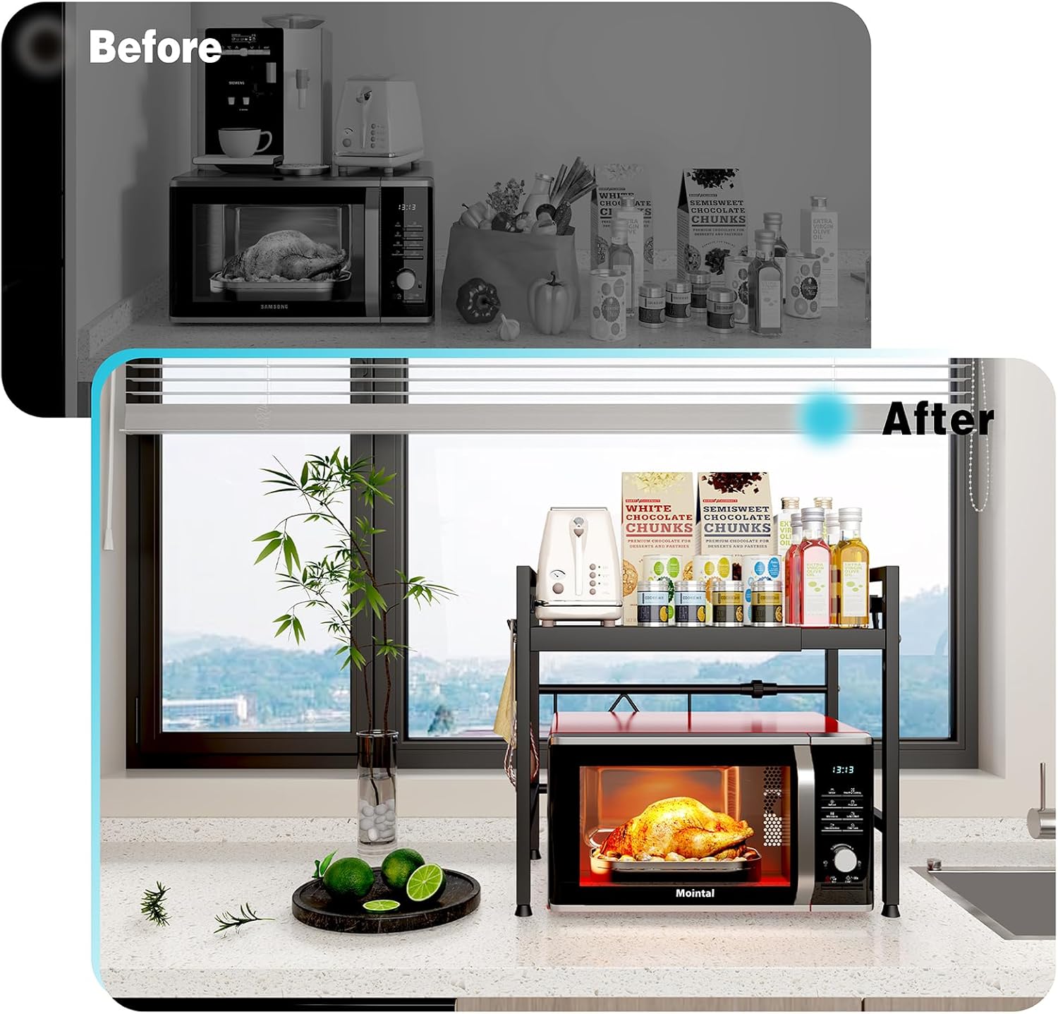 CARLA HOME Adjustable Microwave Oven Rack with 6 Hooks - 2 Tier Black
