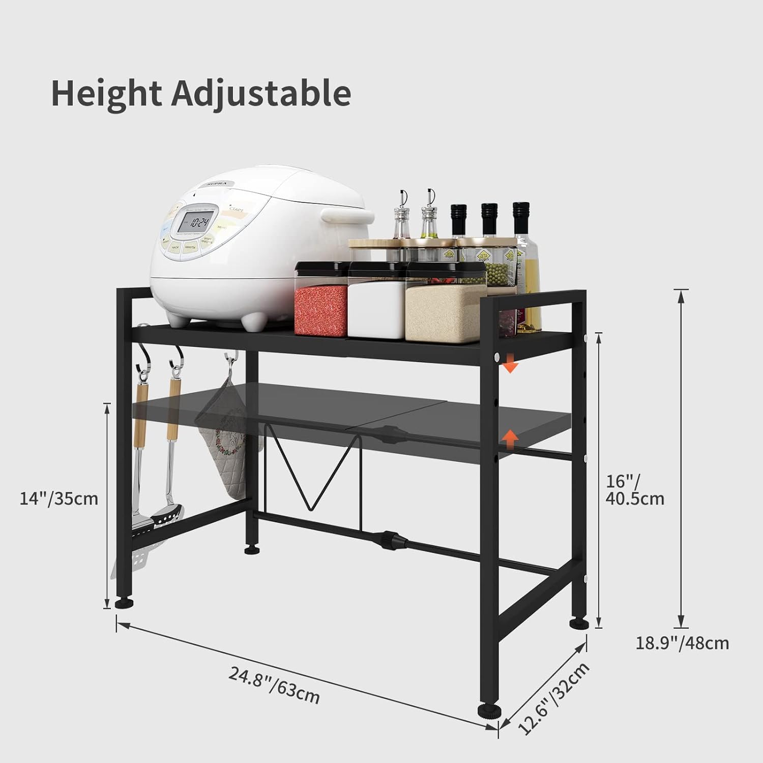 CARLA HOME Adjustable Microwave Oven Rack with 6 Hooks - 2 Tier White