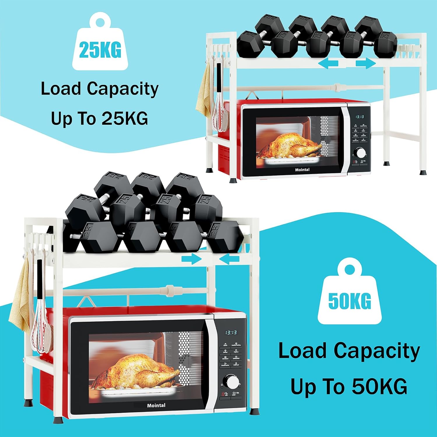 CARLA HOME Adjustable Microwave Oven Rack with 6 Hooks - 2 Tier White