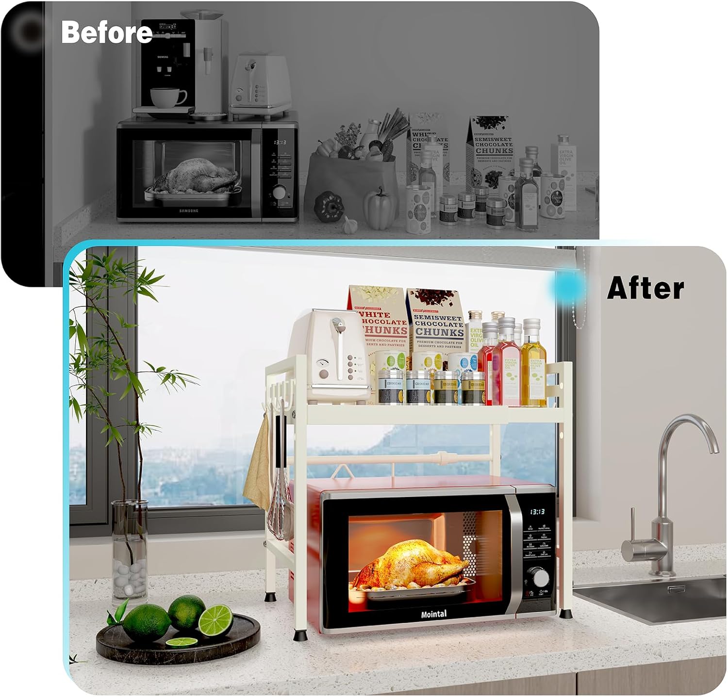 CARLA HOME Adjustable Microwave Oven Rack with 6 Hooks - 2 Tier White