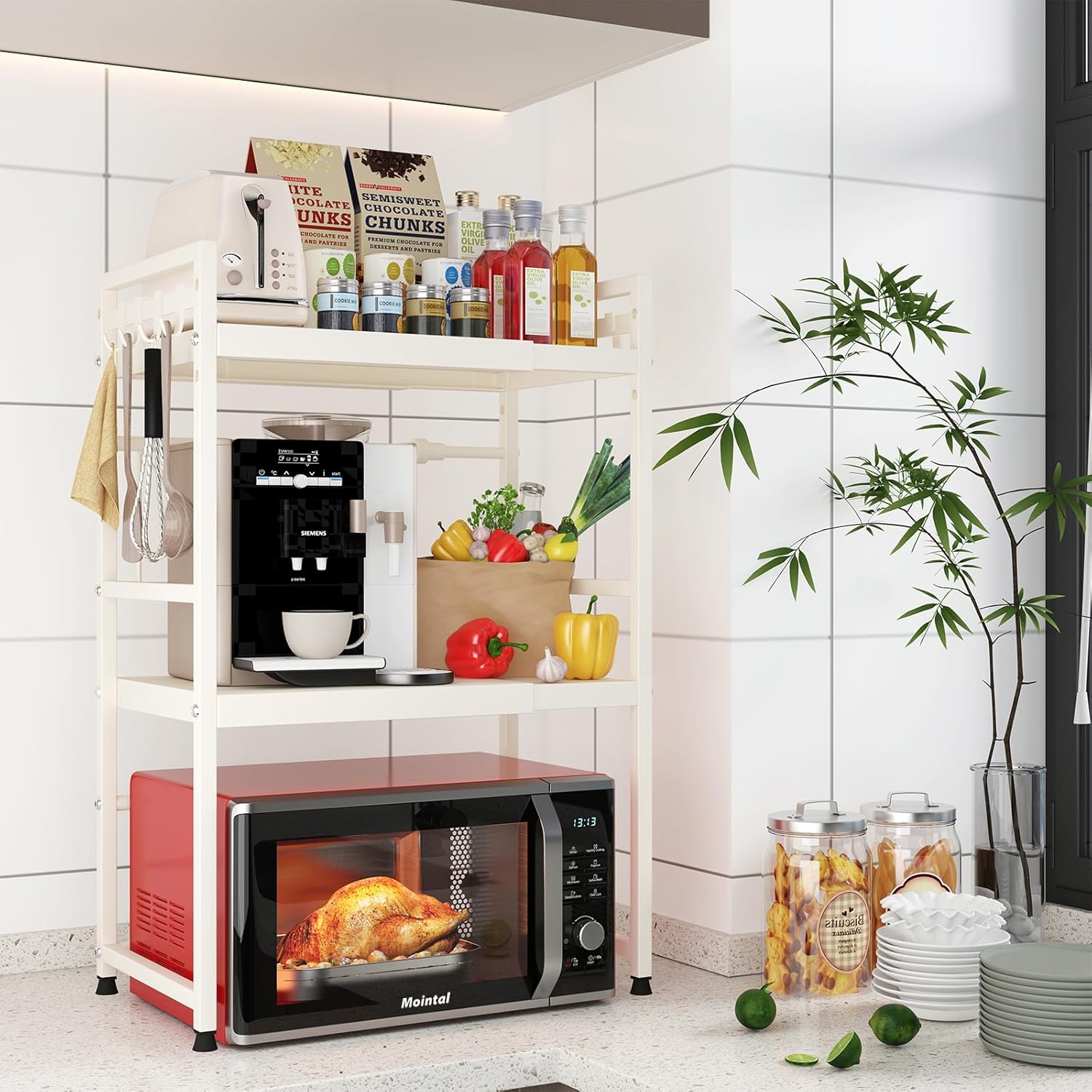 CARLA HOME Adjustable Microwave Oven Rack with 6 Hooks - 3 Tier