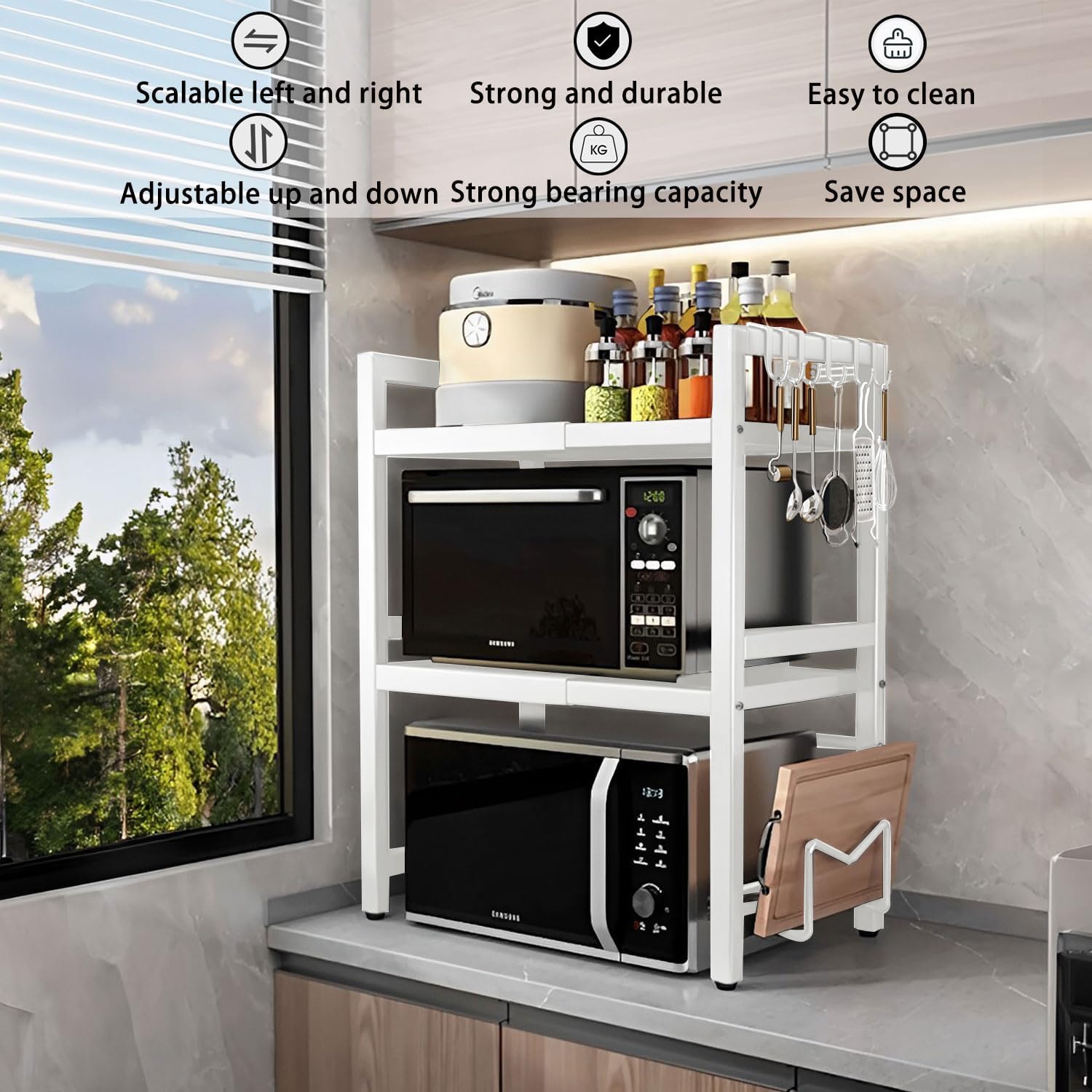 CARLA HOME Adjustable Microwave Oven Rack with 6 Hooks - 3 Tier