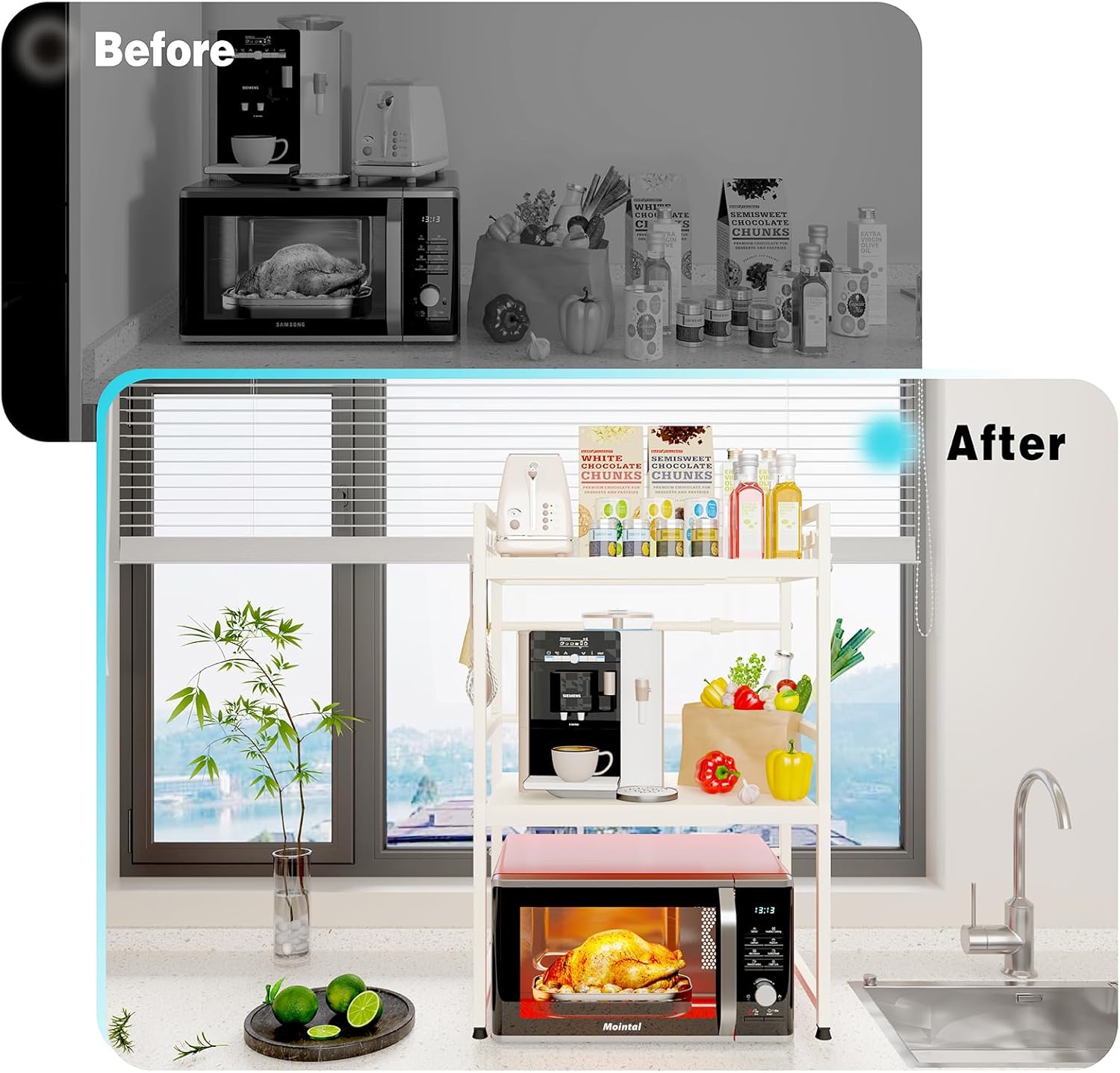 CARLA HOME Adjustable Microwave Oven Rack with 6 Hooks - 3 Tier