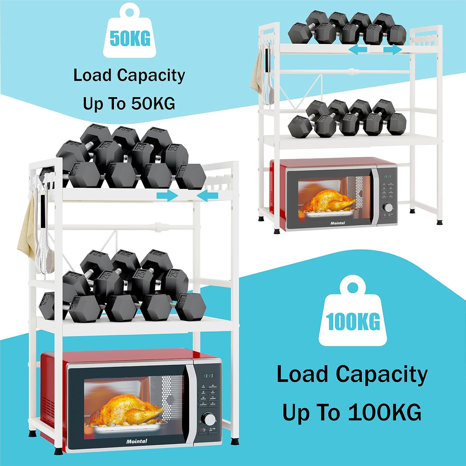CARLA HOME Adjustable Microwave Oven Rack with 6 Hooks - 3 Tier