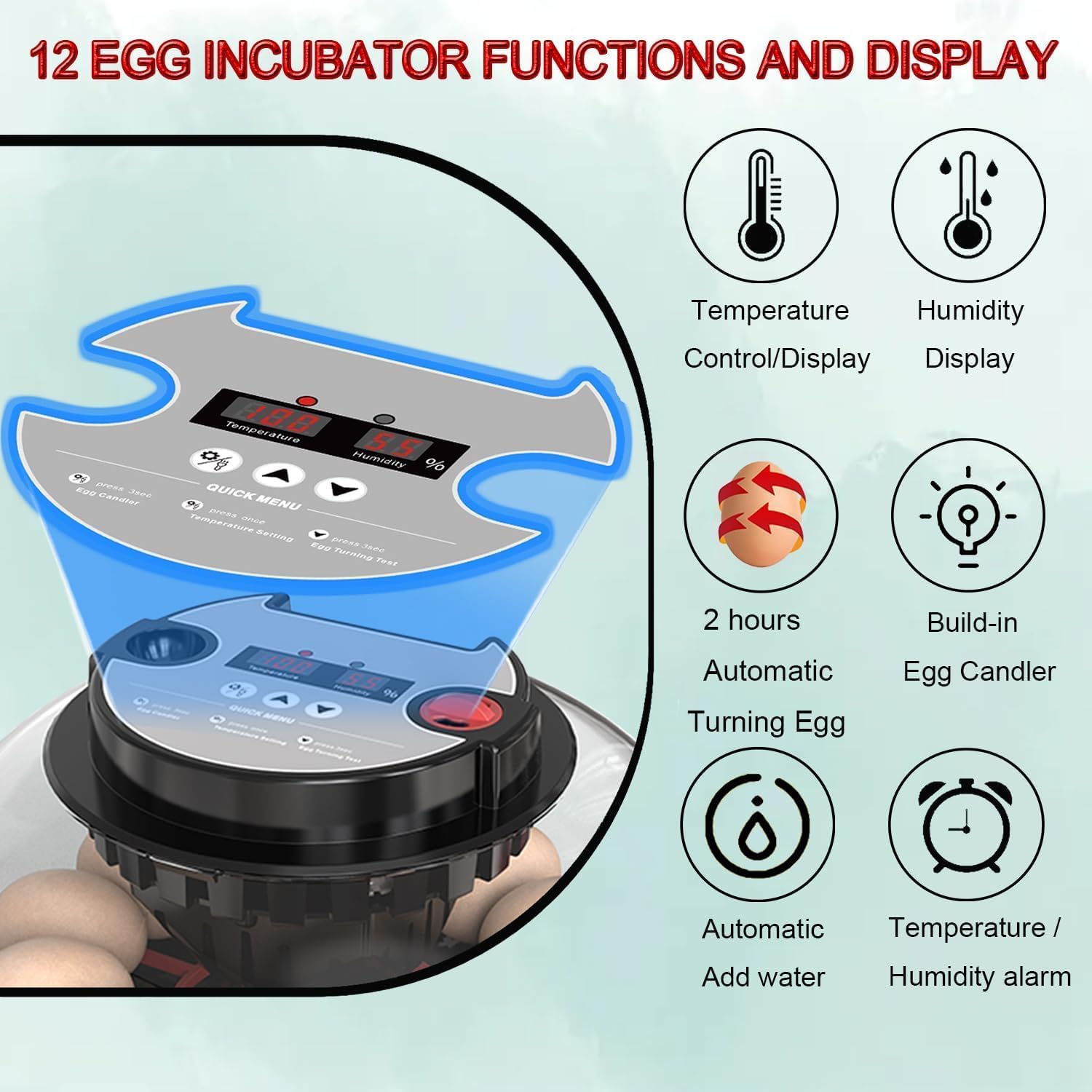 CARLA HOME Automatic Egg Incubator with LED Display & Candler - 12 Egg