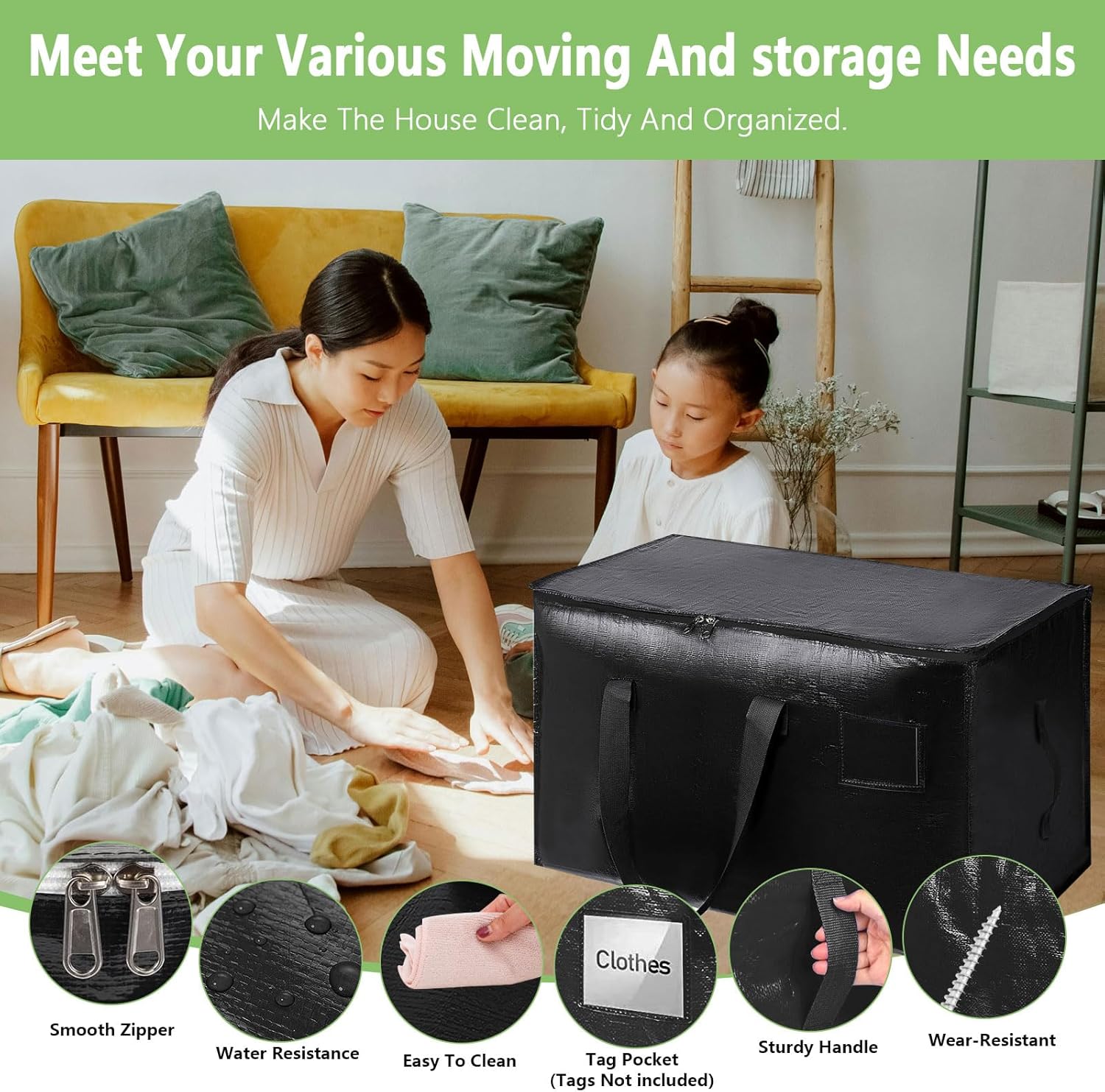 CARLA HOME Large Moving Storage Bags – Black 12 Pack, 95L with Zippers & Handles
