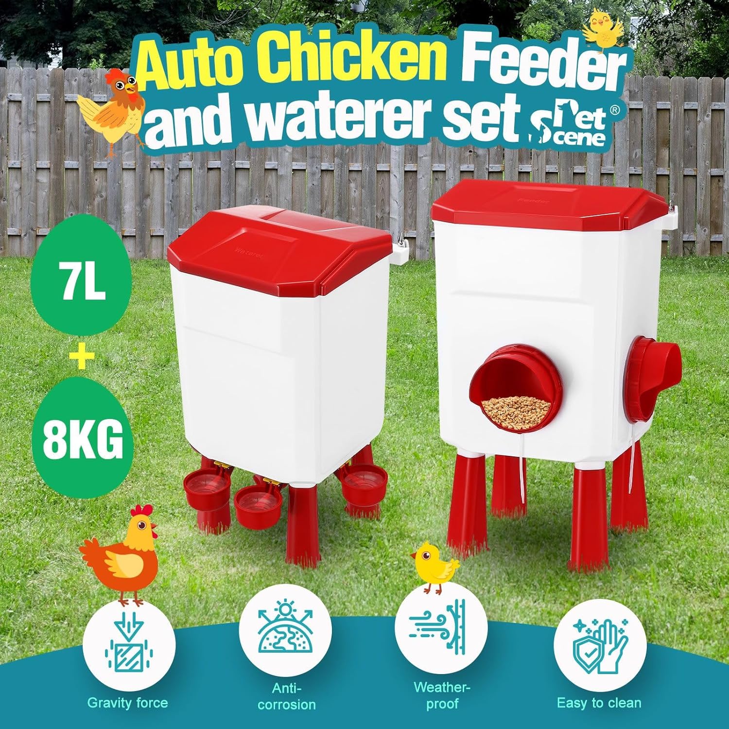 CARLA HOME Automatic Chicken Feeder Waterer Set - 8kg & 7L Red