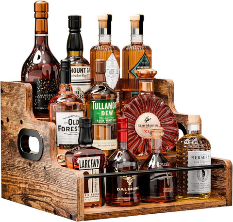 CARLA HOME 3-Tier Liquor Bottle Display Shelf with Rustic Wood & Metal Rail