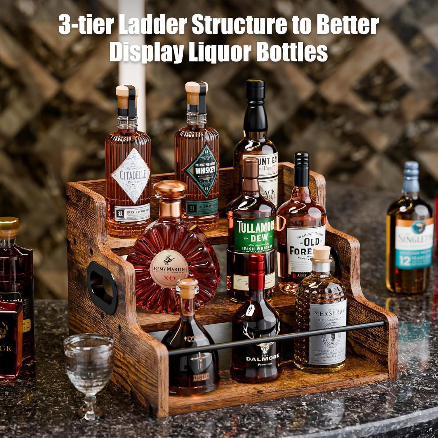 CARLA HOME 3-Tier Liquor Bottle Display Shelf with Rustic Wood & Metal Rail