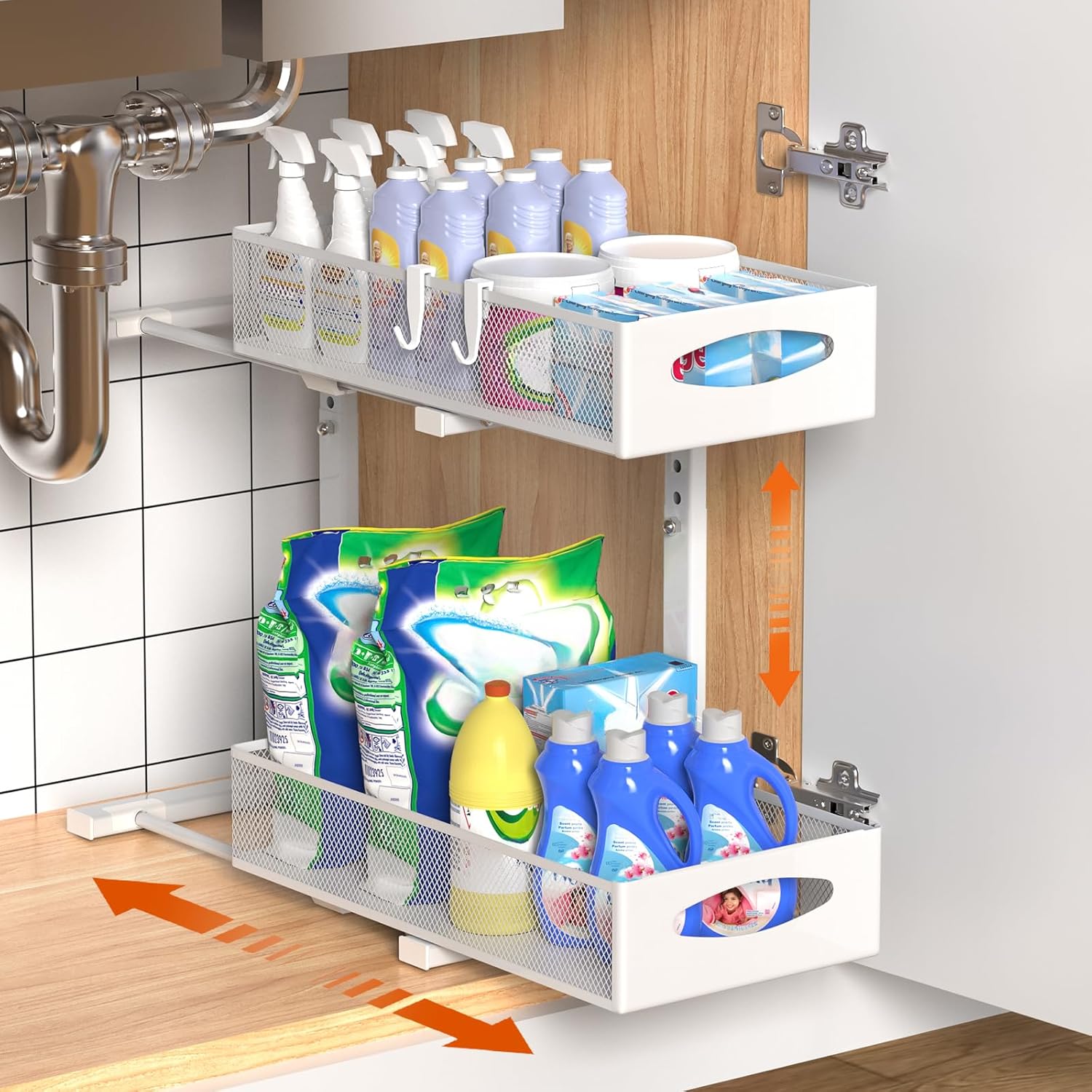 CARLA HOME Height-Adjustable L-Shape Under Sink Organizer with Pull-Out Baskets - White, 1 Pack