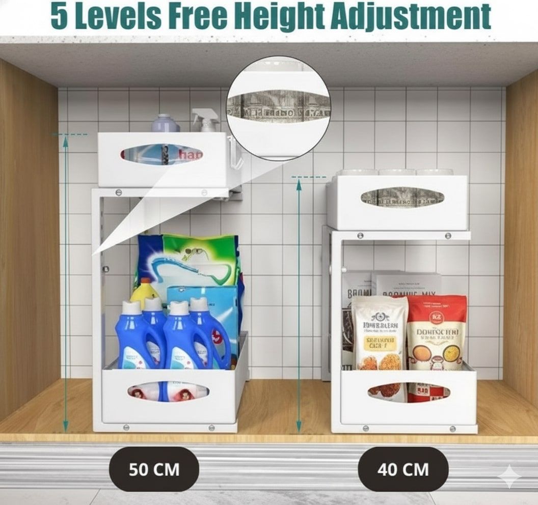 CARLA HOME Height-Adjustable L-Shape Under Sink Organizer with Pull-Out Baskets - White, 1 Pack