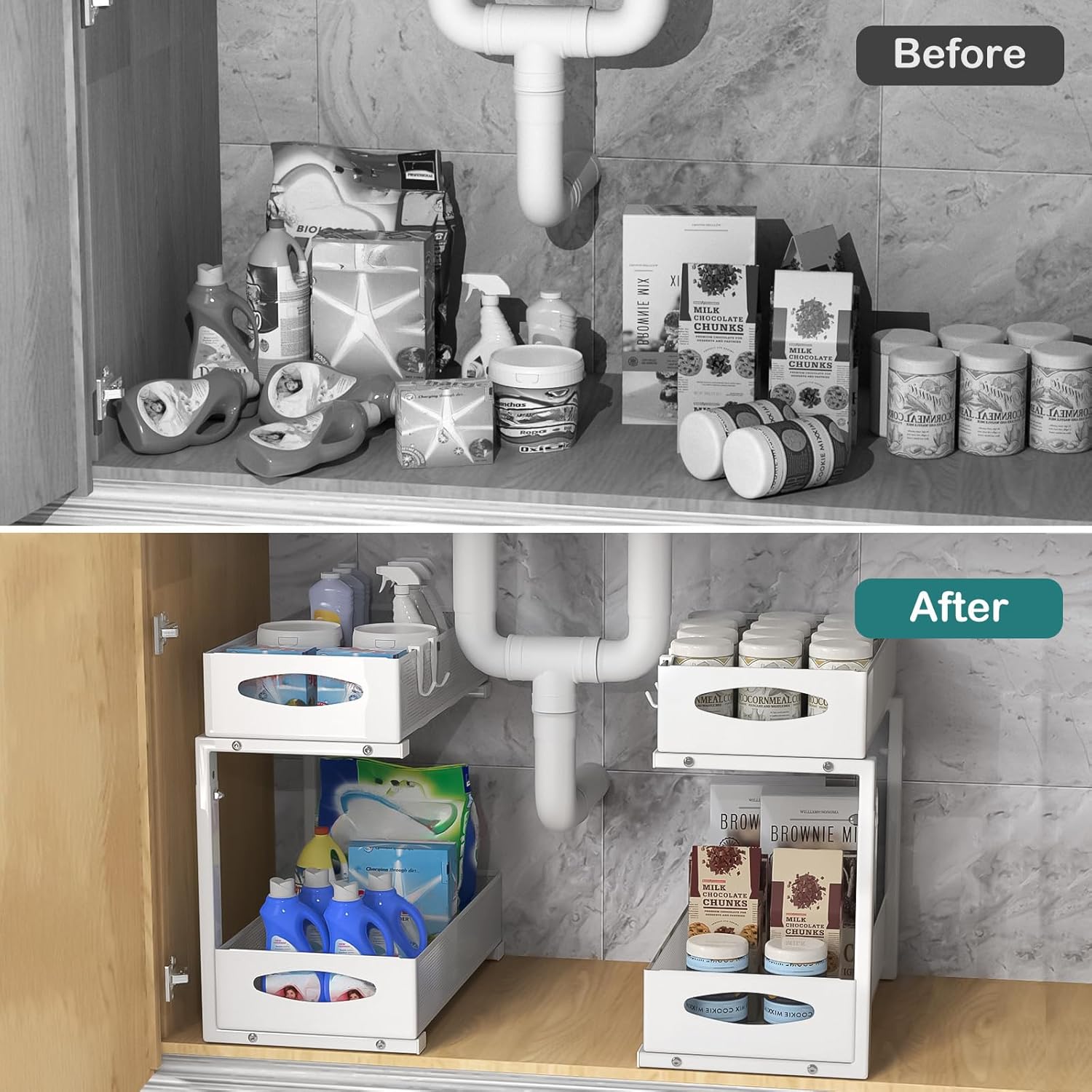CARLA HOME Height-Adjustable L-Shape Under Sink Organizer with Pull-Out Baskets - White, 1 Pack